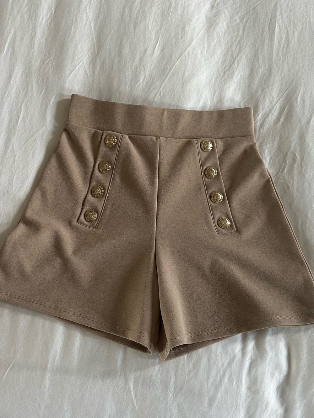 H&M Taupe High-Waist Shorts with Gold Button Trim